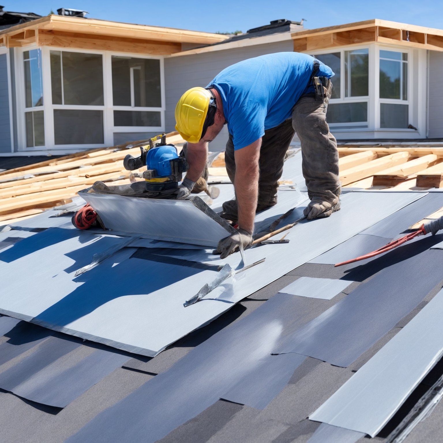 Professional roofing contractor team at work on residential roof installation with modern safety equipment in daylight