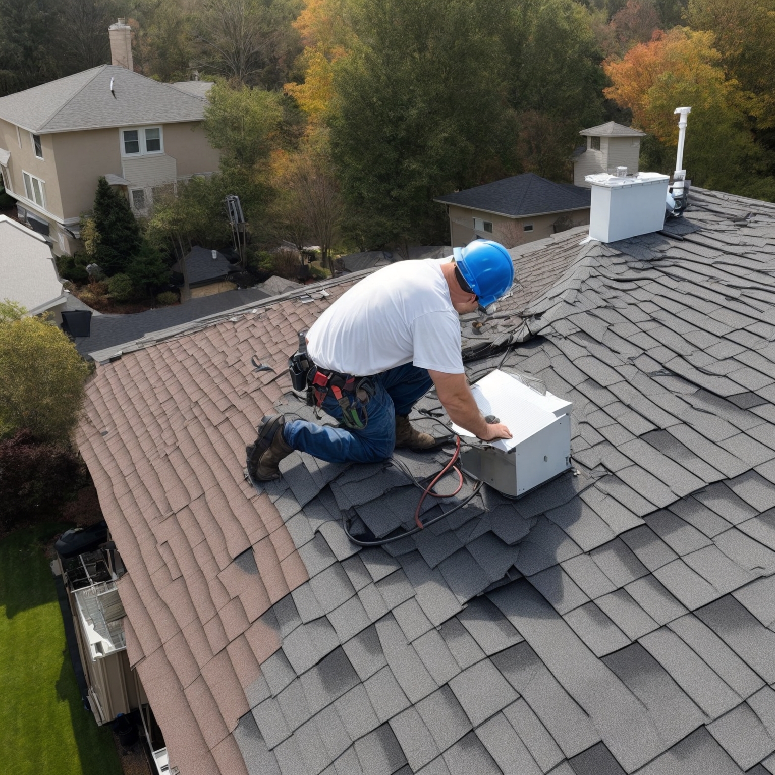 Professional roof inspection being performed with specialized equipment to assess structural condition